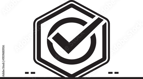 Black and white check mark in hexagon vector icon