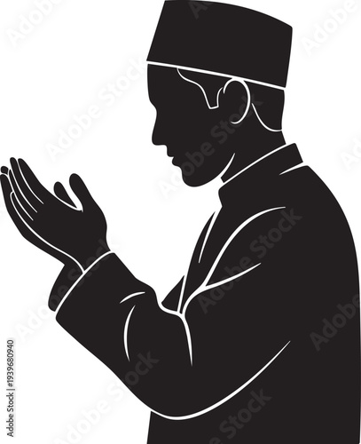 Muslim man praying, hands raised, flat design vector illustration
