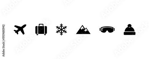 Winter travel icons airplane suitcase snowflake mountains goggles hat