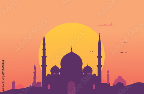 Silhouette of the Ottoman era Blue Mosque at sunset, a historic Istanbul landmark featuring majestic domes and minarets against a golden Turkish sky during Ramadan