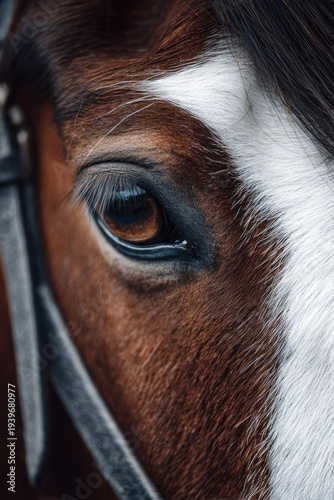 Close-up of a brown horse's eye with white markings, showcasing detailed fur texture and bridle in a natural outdoor setting