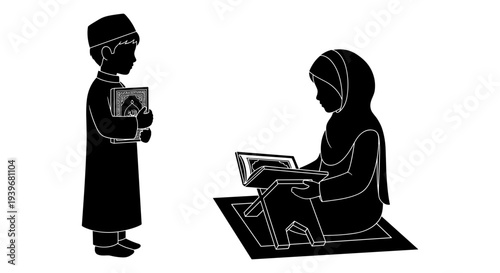 Black and white vector illustration of a Muslim boy holding a Quran and a Muslim woman in a hijab reading the Quran on a prayer mat, depicting Islamic education and worship.
