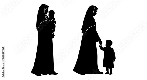 Black silhouette vector illustration set of two Muslim mothers with their children, one holding a baby and the other holding a toddler's hand, depicting family, care, and motherhood.