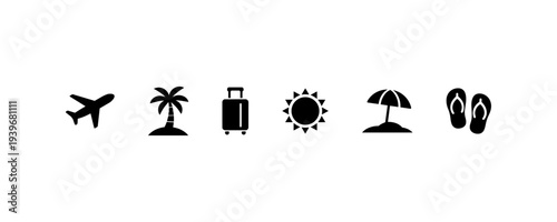 Summer vacation icons airplane palm tree sun umbrella flip flops