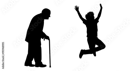 Black silhouette vector illustration of an elderly man with a cane standing next to a young child jumping with arms raised, depicting age contrast and vitality.