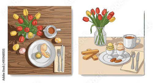 Two vector illustrations of Easter breakfast tables with tulips, eggs, coffee, and pastries, perfect for spring holiday designs and greeting cards.