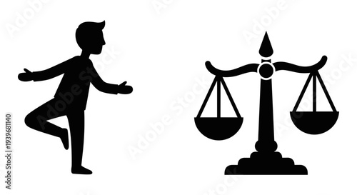 Black Silhouette of a Man Balancing on One Leg Next to a Classic Scale Icon, Representing Balance, Justice, and Equilibrium Concepts Vector