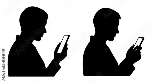 Two black vector silhouettes of men looking at smartphones, depicting mobile device usage and digital communication for modern technology concepts.