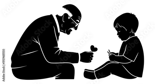 Black and white vector silhouette illustration of a grandfather giving a heart to a young child, symbolizing love, care, and family bonds across generations.