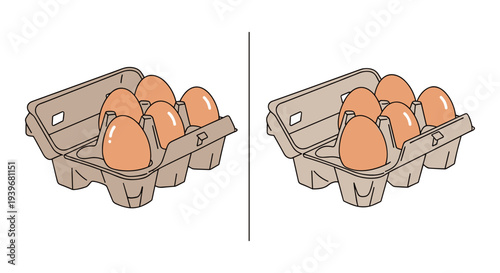 Set of 2 brown chicken egg cartons, each holding six eggs, depicted in a flat vector illustration style, ideal for food packaging and grocery designs.