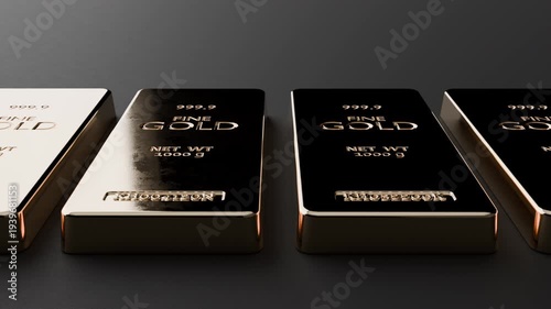 Elegant 999.9 gold ingots with glossy reflections in seamless loop animation. Ideal for luxury branding, fintech visuals and premium presentations. Part of series.