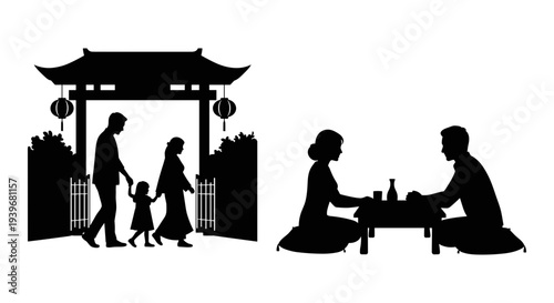 Black silhouette vector illustration of a family walking through a traditional Asian gate and a couple dining at a low table, depicting cultural scenes and family life.