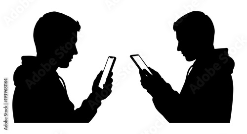 Two black silhouette profiles of young men looking at their smartphones, depicting social media interaction, communication, and digital addiction on a white background vector.