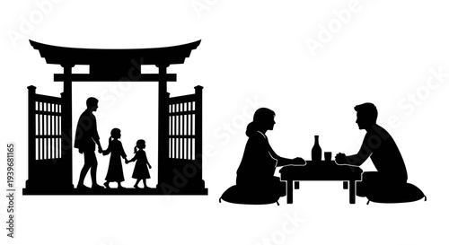 Japanese Family and Couple Silhouettes Vector Set: Traditional Gate, Parents with Children, and Dining Scene for Cultural Design Assets