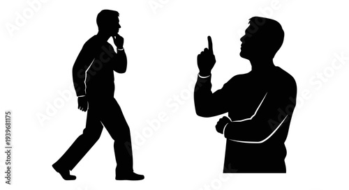 Set of 2 black vector silhouettes depicting a man in thoughtful pose and another man pointing upwards, ideal for business concepts and decision-making graphics.