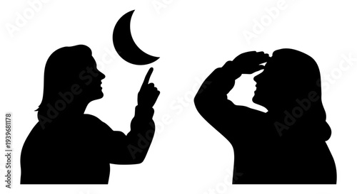 Black silhouette vector illustration of two people, one pointing at a crescent moon and the other looking into the distance, symbolizing night, dreams, and exploration.