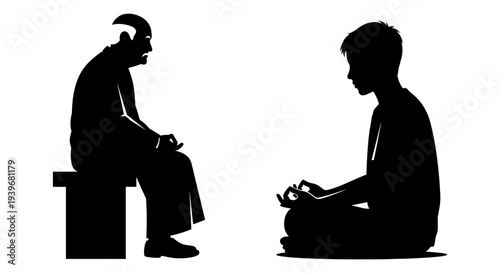 Black and white vector silhouette illustration of an old man sitting on a bench and a young man meditating in a yoga pose, representing different generations and states of mind.