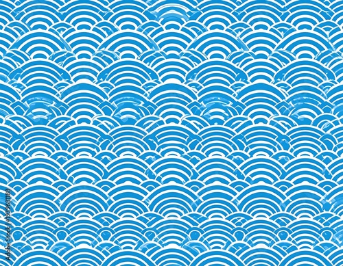 A classic, intricate, seamless design featuring overlapping, concentric blue semicircles against a white backdrop, evoking waves