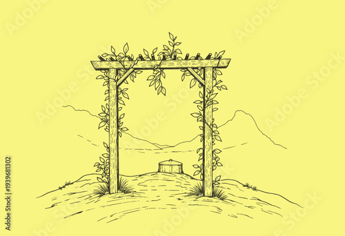 Serene Landscape with Wooden Trellis and Climbing Vines Against a Mountainous Backdrop on a Sunny Day