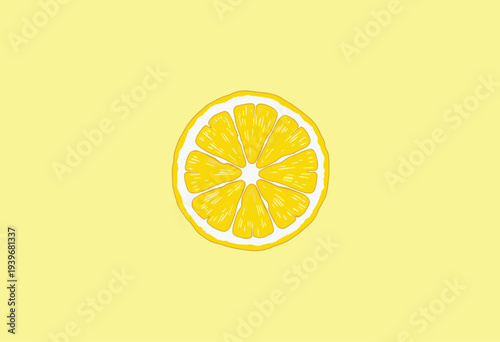 Vibrant illustration of a perfectly symmetrical lemon slice showcasing intricate details and textures on a vivid yellow background, capturing freshness and zest.
