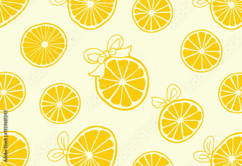 Vibrant Pattern of Sliced Oranges with Elegant Bow Accents on Light Background, Celebrating Citrus Beauty in a Refreshing, Artistic Expression