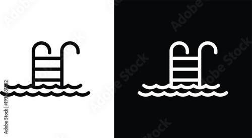 Ladder in swimming pool icon pack in black and white colors