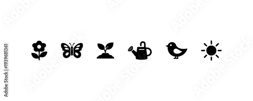 Spring nature icons flower butterfly sprout watering can bird sun