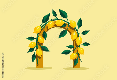 Vibrant Archway Decorated with Lush Greenery and Bright Yellow Lemons on a Soft Yellow Background