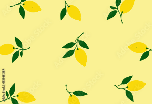 Vibrant Pattern of Bright Yellow Lemons with Green Leaves on a Soft Yellow Background Creating a Fresh and Lively Summery Design