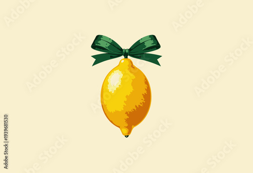 Illustration of a Single Yellow Lemon with Shiny Skin Tied with an Elegant Green Ribbon Against a Minimalistic Light Background