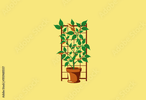 Vibrant Young Plant Growing in a Teracotta Pot on Wooden Trellis Against a Warm Yellow Background Illustrating Nature and Growth