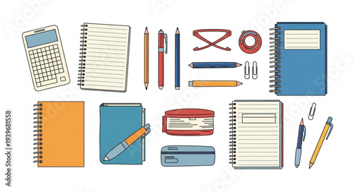 Collection of Notebooks and Writing Instruments for Study and Work.