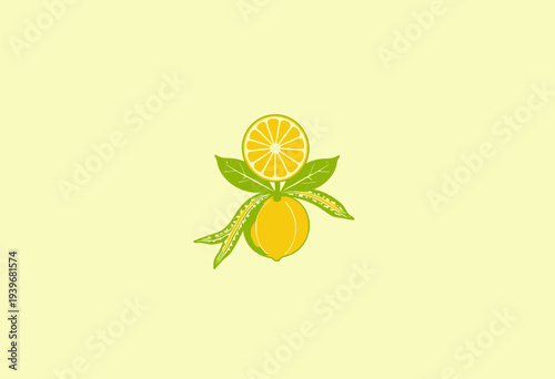 A vibrant illustration of a juicy sliced lemon fruit with fresh green leaves, showcasing its bright yellow color against a soft pastel background