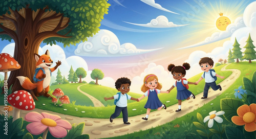 Children Playing and Dancing in a Vibrant Outdoor Park Scene.