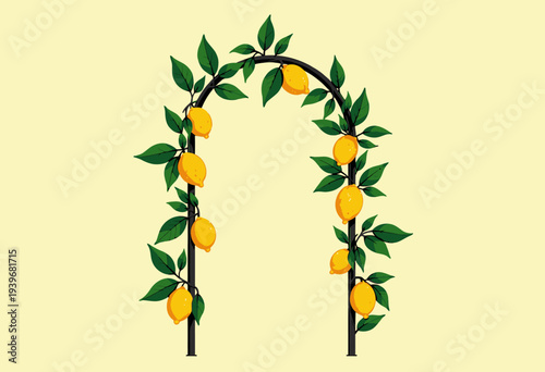 Elegant Lemon Arch with Lush Green Leaves and Vibrant Citrus Adorning a Classic Black Frame Against a Light Yellow Background