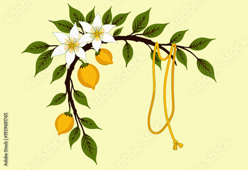 Illustration of Vibrant Lemons with Blossoms on a Branch and Golden Rope Pendant Against a Soft Yellow Background