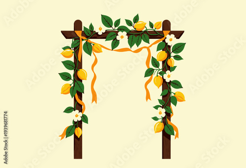 Decorative Garden Arch Adorned with Vibrant Foliage and Bright Yellow Fruits Creating a Rustic and Inviting Atmosphere for Outdoor Spaces