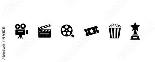 Cinema movie icons camera clapper film ticket popcorn star