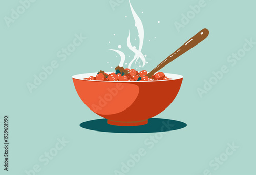 Illustration of a Red Bowl Filled with Steaming Noodle Soup and Vegetables with a Wooden Spoon on a Soft Teal Background
