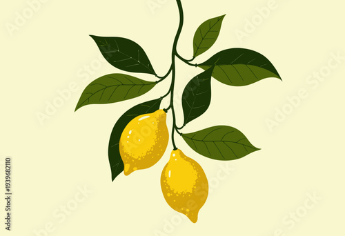 Vibrant Illustration of Two Ripe Lemons Hanging from a Branch with Lush Green Leaves on a Light Background