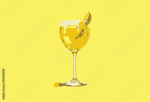 Vibrant yellow cocktail glass filled with refreshing citrus beverage garnished with a twist of lemon against a sunny yellow background for a summer fresh appeal