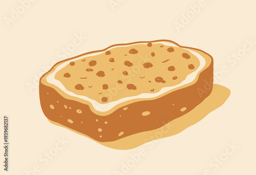 Illustration of a delicious golden-brown biscotti cookie studded with chocolate chips on a soft beige background highlighting texture and detail