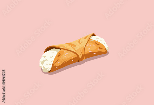 Illustration of a Classic Cannoli with Creamy Ricotta Filling on a Soft Pink Background Emphasizing Traditional Italian Dessert Aesthetic