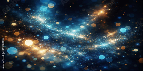 An abstract blue galaxy background features a bright deep space nebula and shimmering stars across a dark cosmic universe