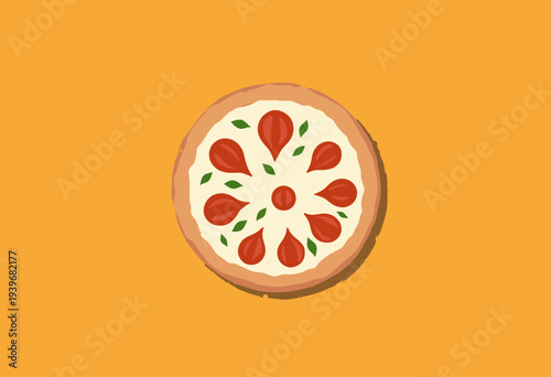 Deliciously Styled Pepperoni Pizza with Cheese and Basil Leaves on a Warm Orange Background