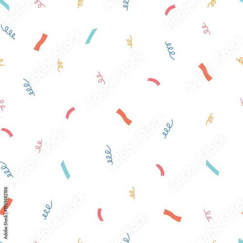 Colorful seamless pattern with party confetti, streamers. Perfect for wallpaper, paper, fabrics, textiles, wrapping