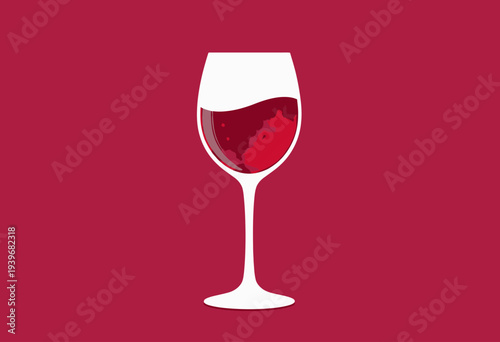 A minimalist depiction of a white wineglass filled with vibrant red wine on a rich maroon background, highlighting the elegance and simplicity of contemporary design.