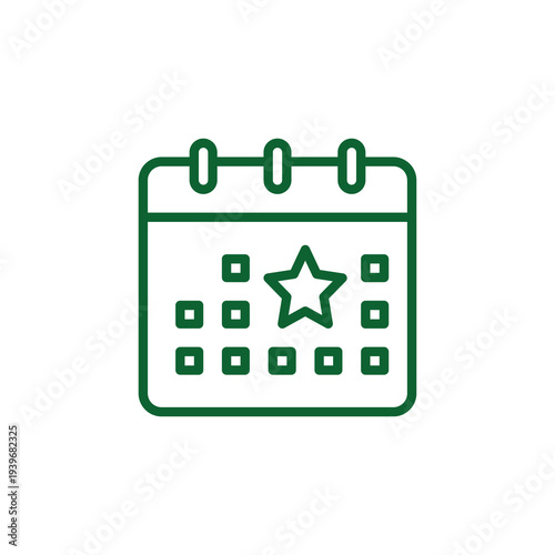 Simple dark green outline calendar icon with star, isolated on transparent background