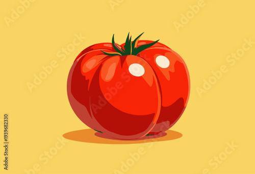 Vibrant Illustration of a Plump, Glossy Red Tomato on a Warm Yellow Background with Intricate Green Leaves and Subtle Highlights Creating a Fresh, Energetic Appearance