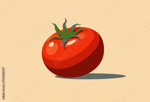 Vivid Digital Illustration of a Fresh, Juicy Red Tomato with Green Stem on a Neutral Background